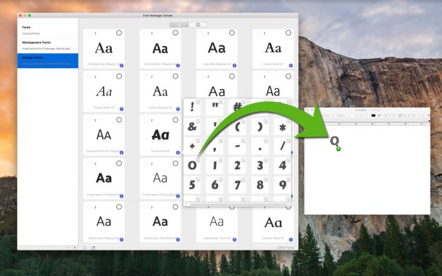 Mac Font Manager Deluxe lets you drag and drop characters directly into any supported app